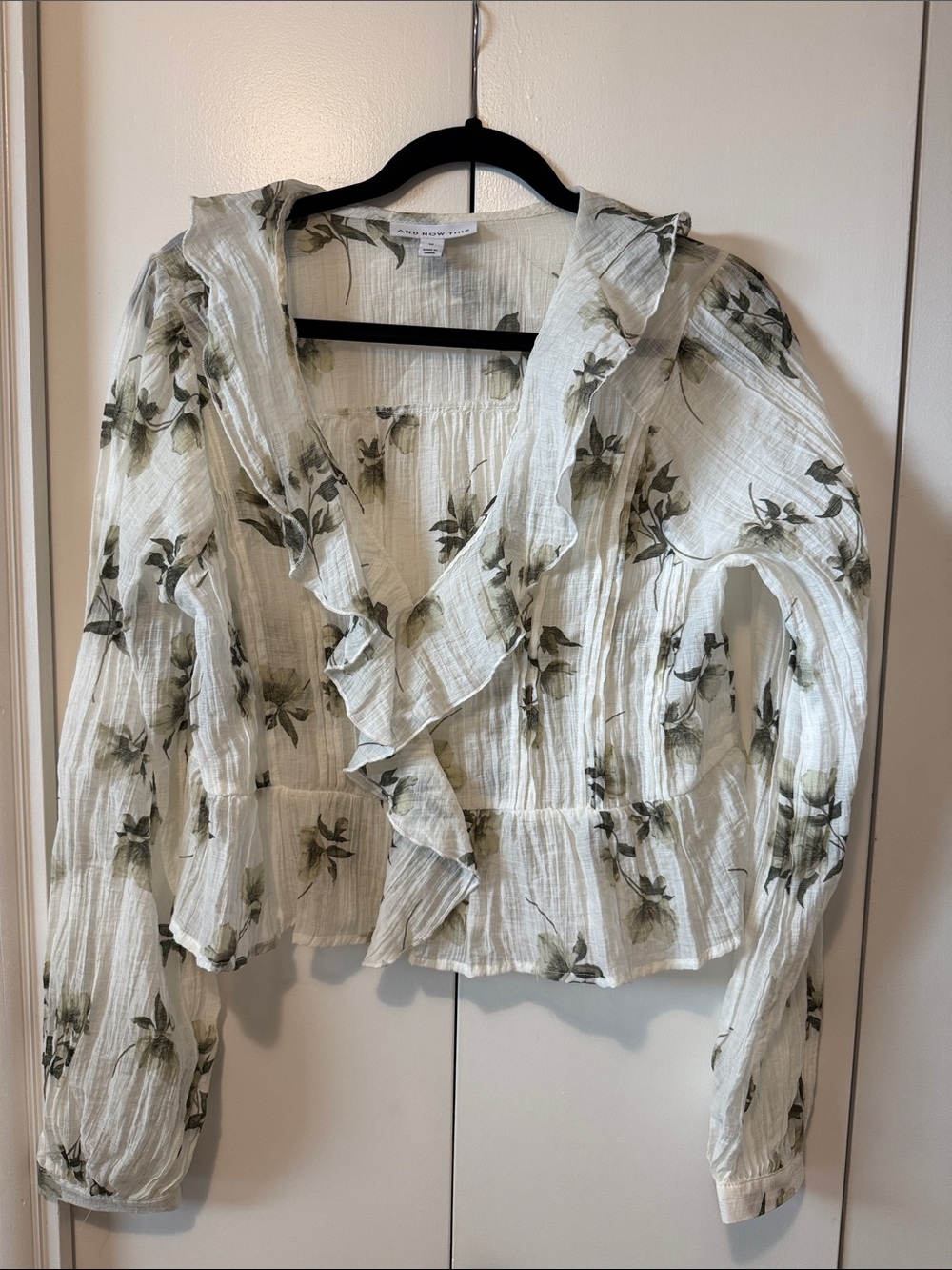 Ruffled V-Neck Floral Blouse - White with Olive Green Print